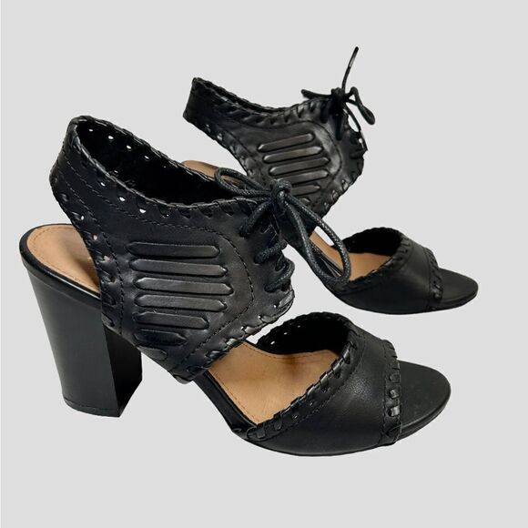 Restricted Faux Leather Black Woven Sandals Block Heels Tie Laces Pumps Summer - Picture 1 of 9
